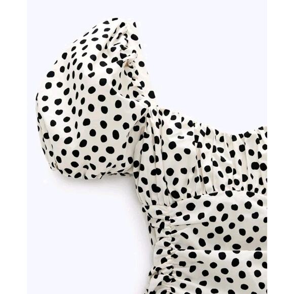 Zara Ruched Polka Dot Puff Sleeve Mini Dress Milkmaid Ivory & Black Dots Medium - Picture 6 of 10
